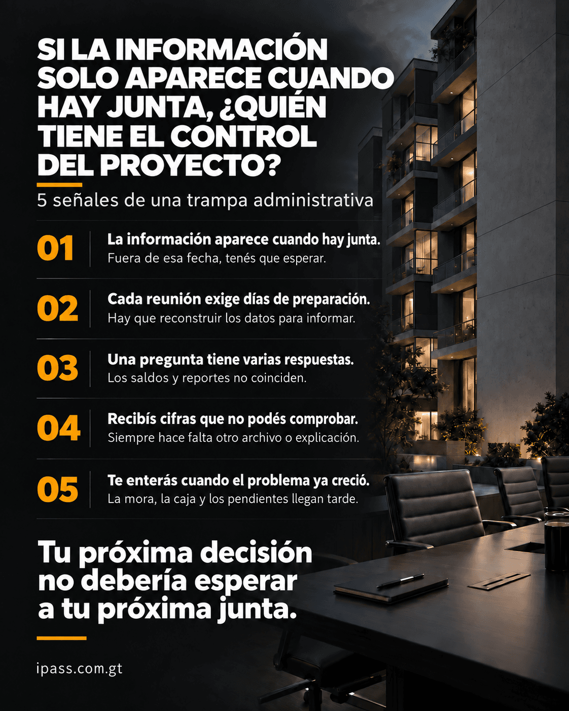 IPASS: cinco señales de una trampa administrativa. Información solo en junta; días para preparar informes; saldos que no coinciden; cifras sin respaldo directo; problemas conocidos tarde.
