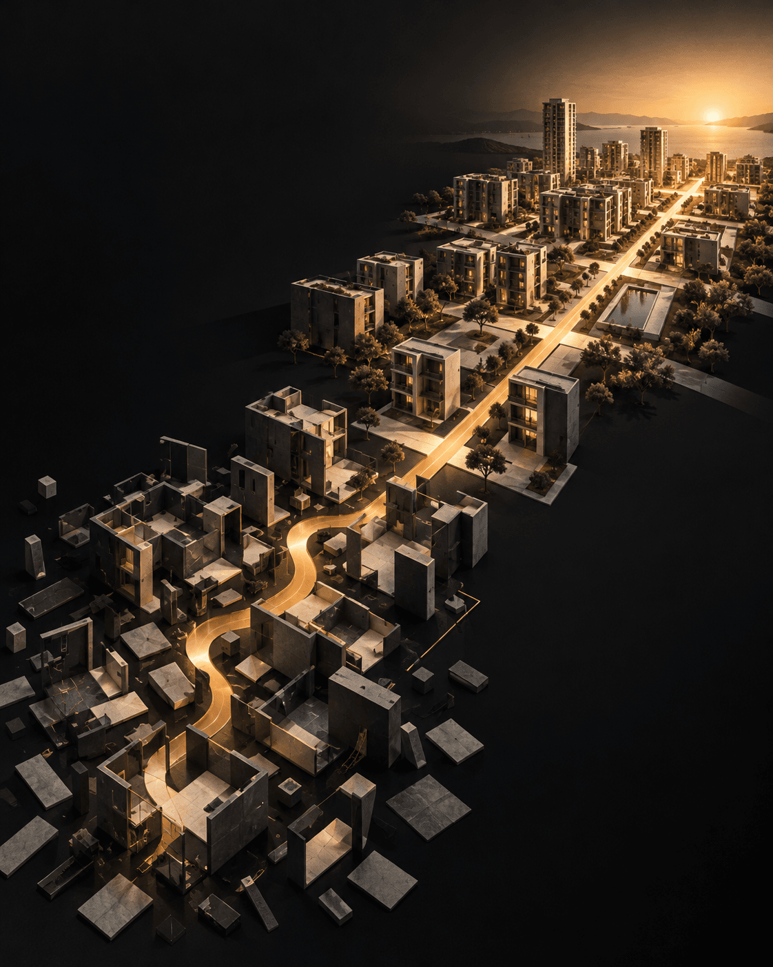Un eje de luz cobre conecta módulos arquitectónicos dispersos con una ciudad ordenada: de la microgestión cotidiana a la dirección con rumbo y estándares.