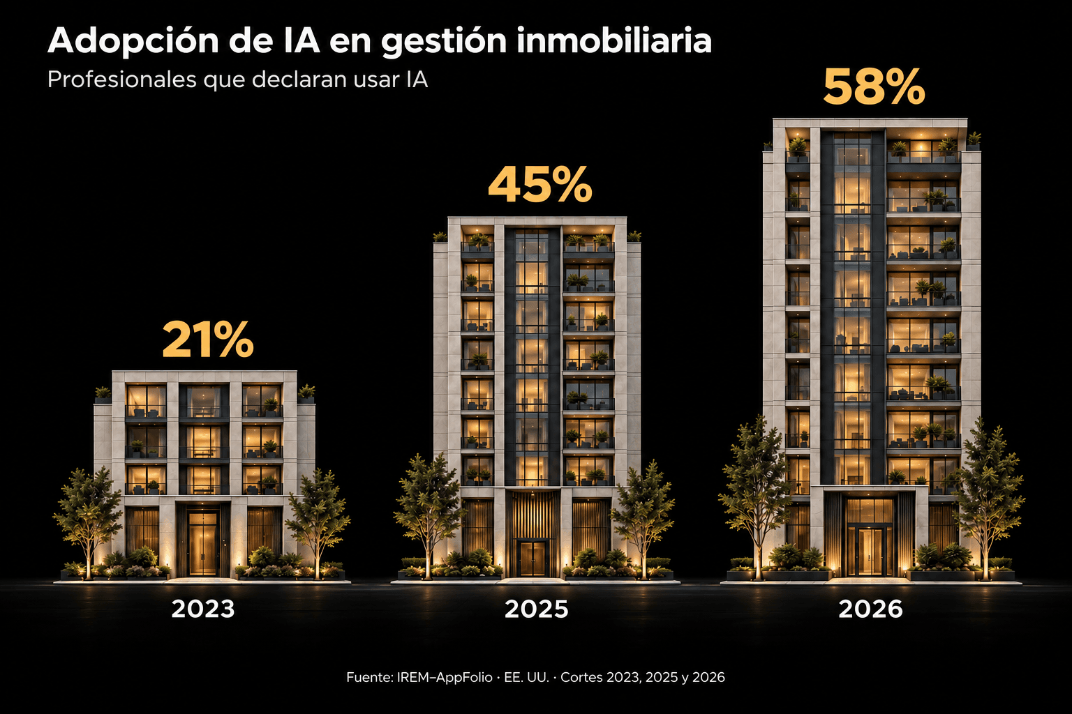 Adopción de IA entre profesionales de gestión inmobiliaria encuestados en Estados Unidos: 21% en 2023, 45% en 2025 y 58% en 2026. Fuente IREM y AppFolio.